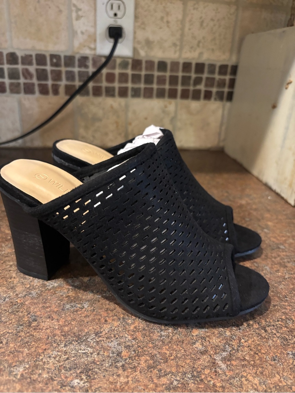 Black Perforated Open-Toe Block Heel Mules